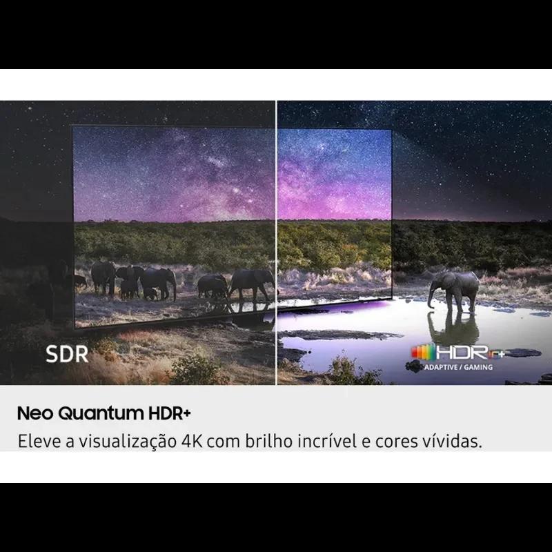 Samsung TQ85QN90FAT 85 pulgadas 4K Neo QLED con Neo Quantum HDR+; brillo alto y colores vívidos. Comparativa SDR vs HDR resalta contraste y detalles.