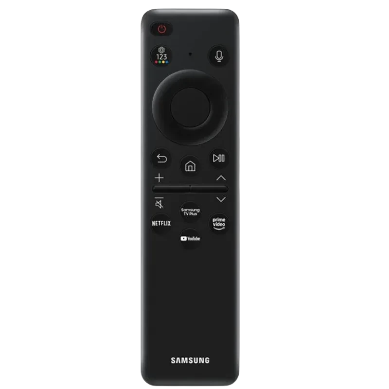 Control remoto Samsung para TQ85QN90FAT con botones de streaming Netflix Prime Video YouTube, micrófono para voz y diseño compacto en color negro