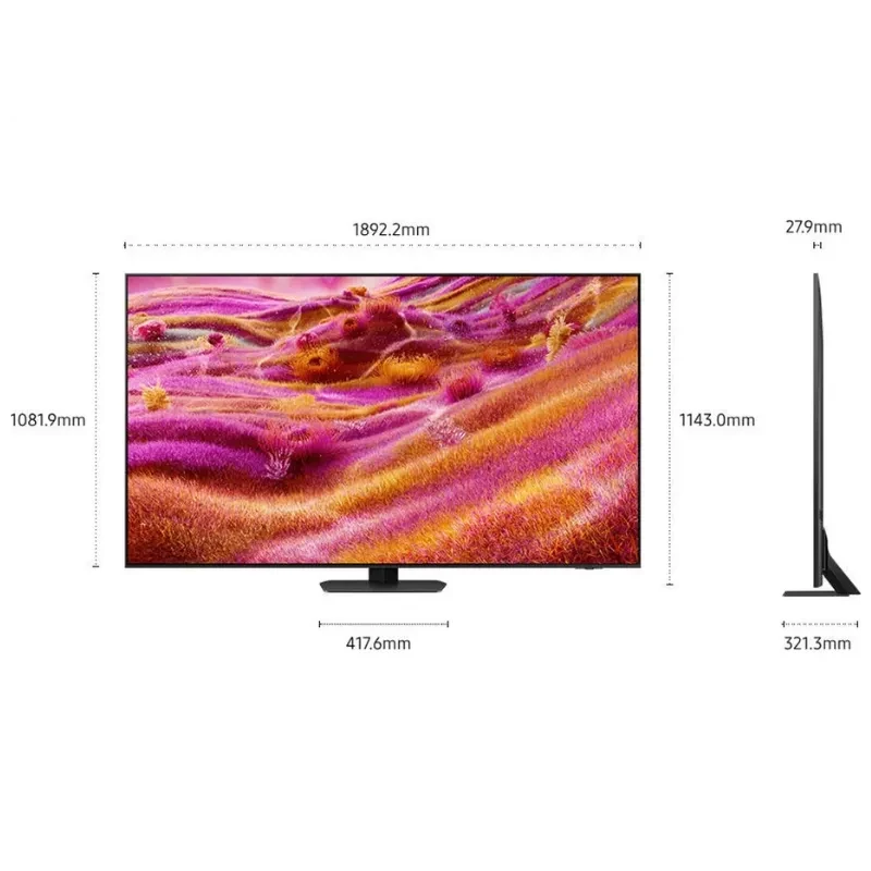 Samsung TQ85QN90FAT 85 pulgadas 4K Neo QLED con biseles delgados, soporte central y perfil ultrafino; medidas destacadas para ancho, alto y profundidad