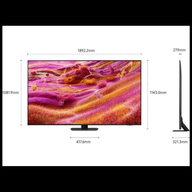 Samsung TQ85QN90FAT 85 pulgadas 4K Neo QLED con biseles delgados, soporte central y perfil ultrafino; medidas destacadas para ancho, alto y profundidad