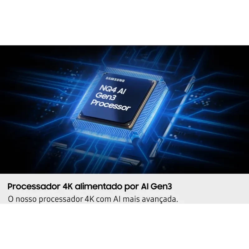 Procesador 4K con IA Gen3 de Samsung, chip NQ4 Gen3 destacado sobre circuito azul, potencia y precisión para imagen 4K nítida y fluida.