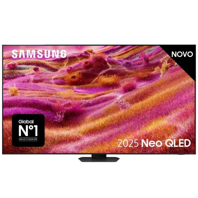 Samsung TQ85QN90FAT 85" 4K Neo QLED con biseles delgados, panel brillante y colores vivos; logotipo Samsung, sello Global N°1 y etiqueta 2025 Neo QLED en