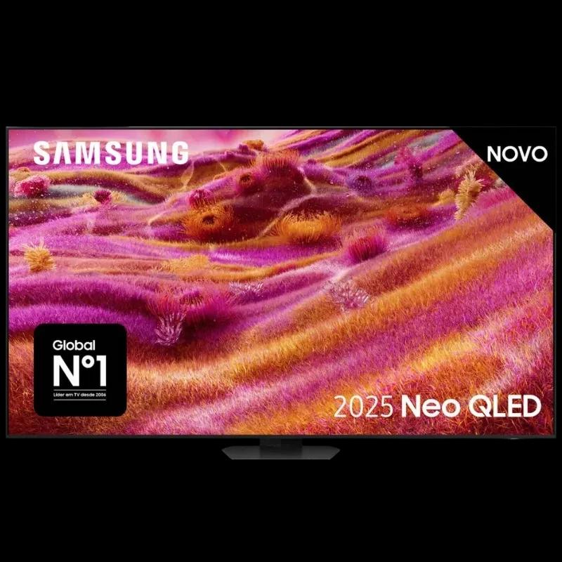 Samsung TQ85QN90FAT 85" 4K Neo QLED con biseles delgados, panel brillante y colores vivos; logotipo Samsung, sello Global N°1 y etiqueta 2025 Neo QLED en