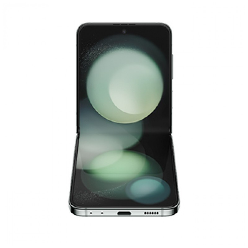 Samsung Galaxy Z Flip5 5G verde renovado en estado excelente, diseño plegable tipo concha, pantalla interna amplia con bisagra central y bordes metálicos
