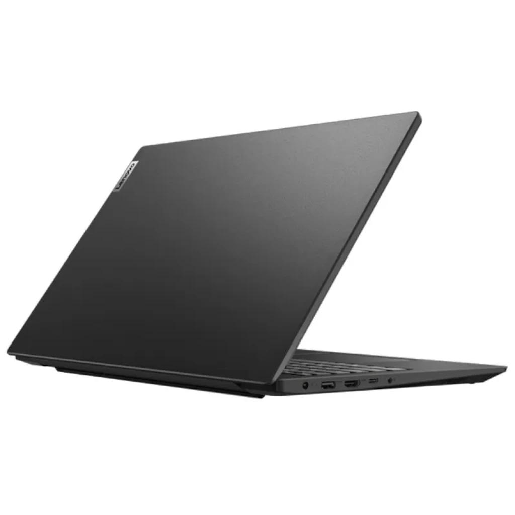 Ordinateur portable noir élégant, capot texturé Lenovo, châssis fin, charnière solide, ports latéraux HDMI et USB visibles, design moderne et