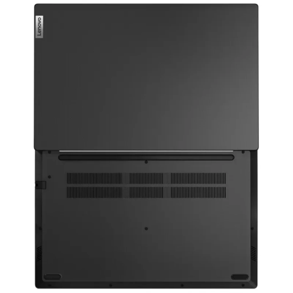 Laptop Lenovo noire vue de dessous avec larges grilles de ventilation, charnière centrale discrète et patins antidérapants aux coins