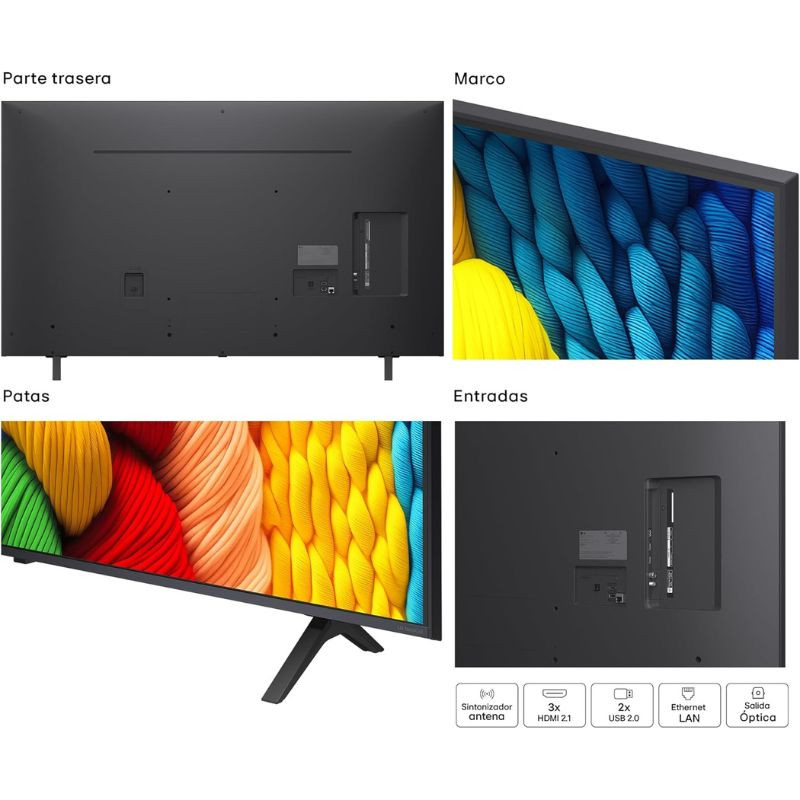 LG 55NANO80A6B 55" 4K Ultra HD NanoCell Smart TV Negro, vista trasera, vista detalle del marco, vista detalle de las patas y vista de los conectores y entradas