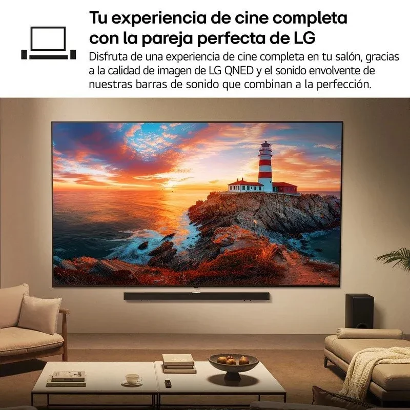 LG 65QNED80A6A 65 pulgadas 4K Ultra HD QNED con IA, pantalla delgada con biseles finos; escena vibrante de faro y mar, barra de sonido y subwoofer debajo