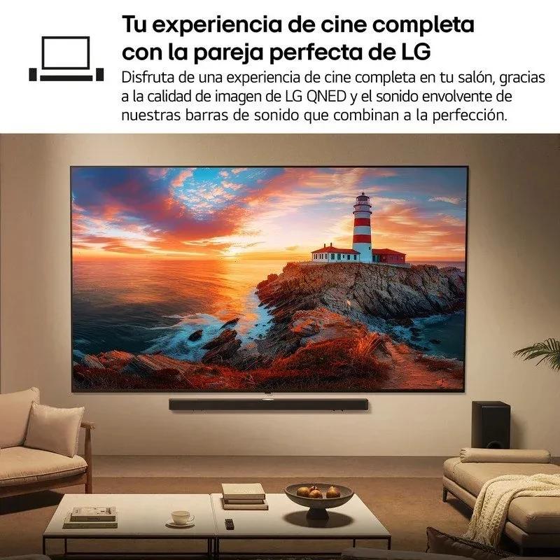 LG 65QNED80A6A 65 pulgadas 4K Ultra HD QNED con IA, pantalla delgada con biseles finos; escena vibrante de faro y mar, barra de sonido y subwoofer debajo