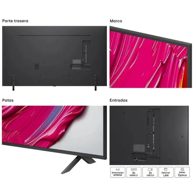 LG 65QNED80A6A 65 pulgadas 4K QNED con marco delgado negro, patas en V, panel trasero minimalista y entradas: 3 HDMI 2.1, 2 USB 2.0, LAN, óptica, antena