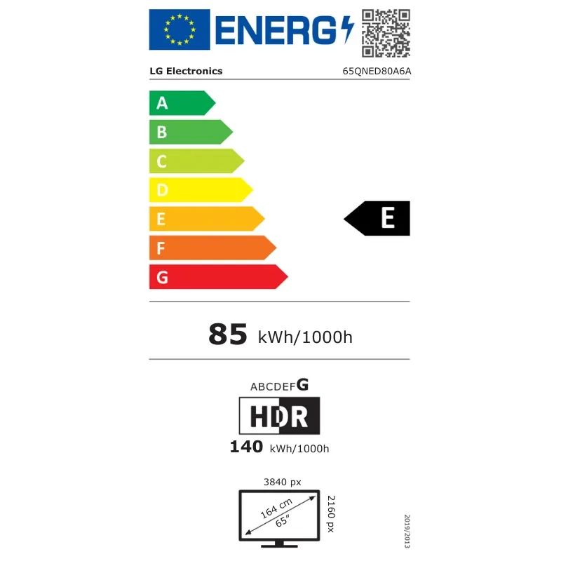 Etiqueta energética LG 65QNED80A6A: clase E, consumo 85 kWh/1000h, 140 kWh/1000h con HDR, resolución 3840 px, diagonal 164 cm, altura 2160 px