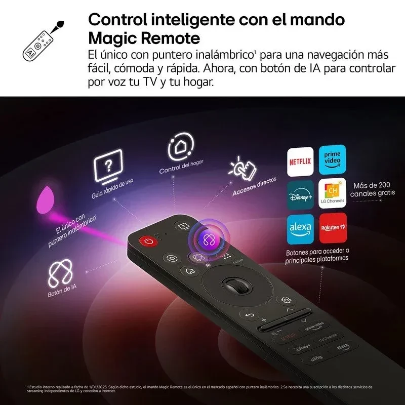 Mando LG Magic Remote con puntero inalámbrico, botón de IA, atajos Netflix y Prime Video, control por voz, rueda de desplazamiento y diseño ergonómico