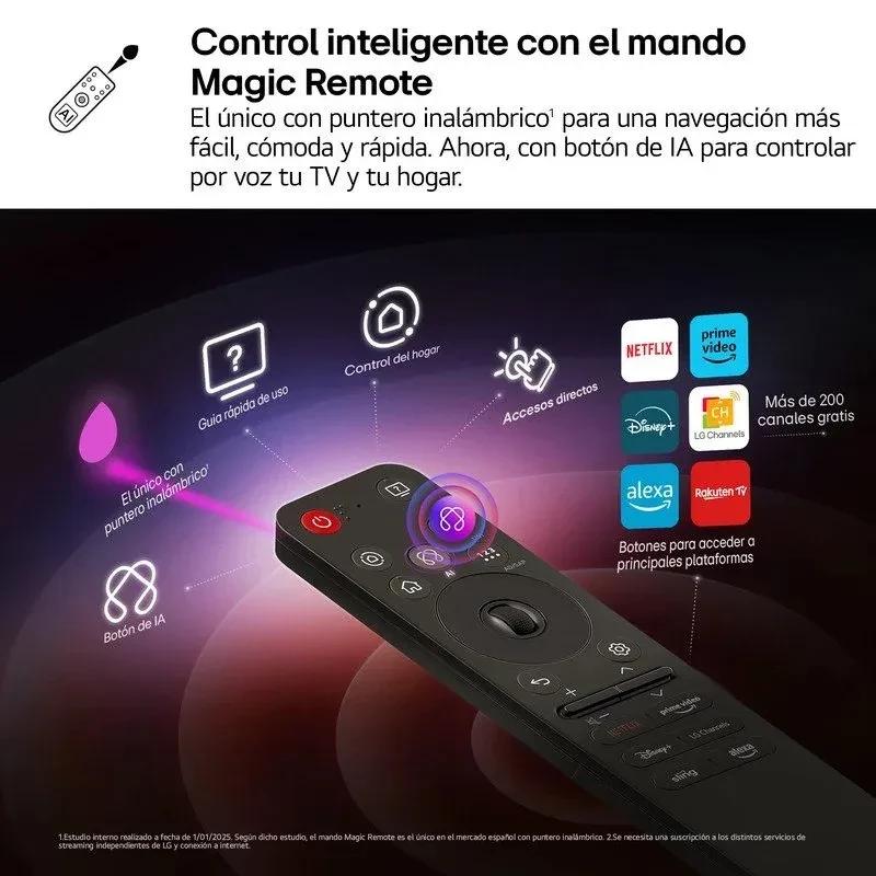 Mando LG Magic Remote con puntero inalámbrico, botón de IA, atajos Netflix y Prime Video, control por voz, rueda de desplazamiento y diseño ergonómico