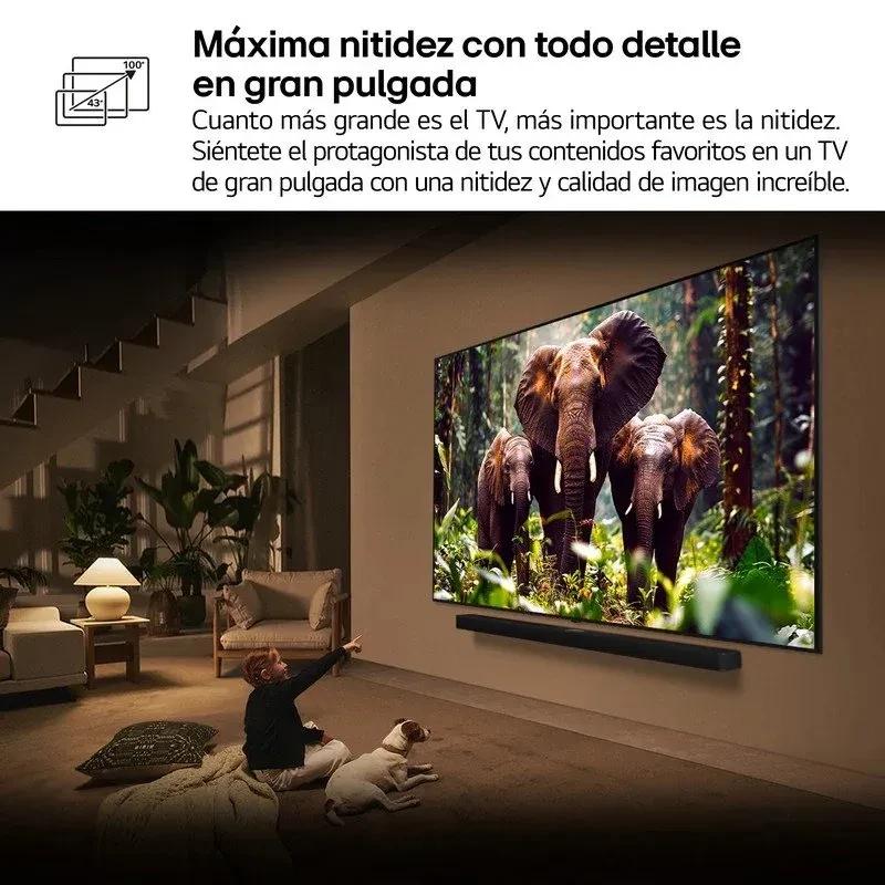 LG 65QNED80A6A 65 pulgadas 4K QNED con biseles delgados, pantalla grande y colores vivos; pared montada sobre barra de sonido en sala moderna