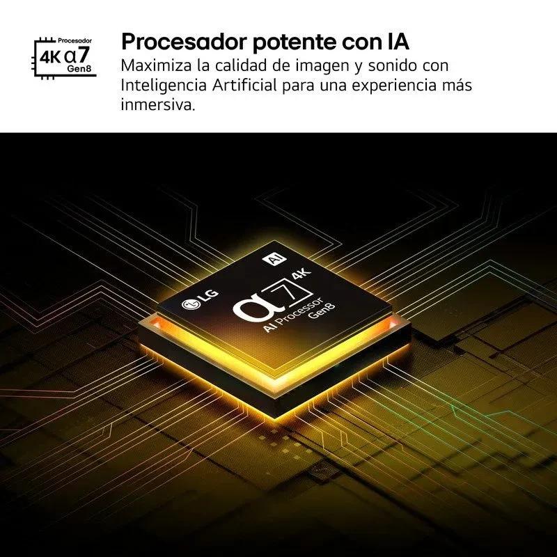 Procesador LG α7 4K Gen8 con IA sobre placa dorada, resaltado en negro con líneas de circuito, enfocado en mejora de imagen y sonido para TV 4K QNED