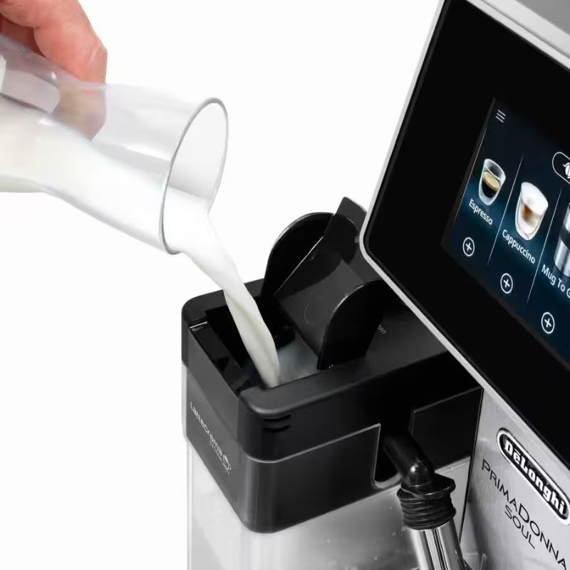 Pantalla táctil en cafetera DeLonghi PrimaDonna Soul ECAM 610.55.SB, acero inoxidable, selección de bebidas, espumador de leche y perfil de usuario