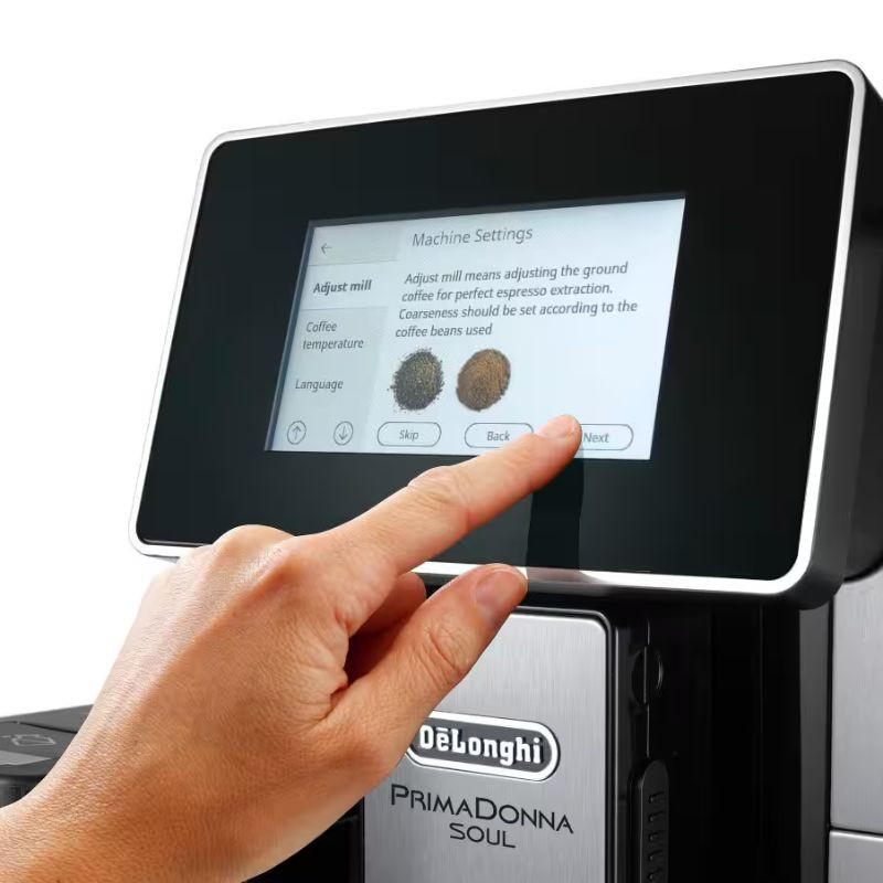 DeLonghi PrimaDonna Soul ECAM 610.55.SB en acero inoxidable con pantalla táctil, vaporizador y jarra de leche; prepara cappuccino con espuma cremosa