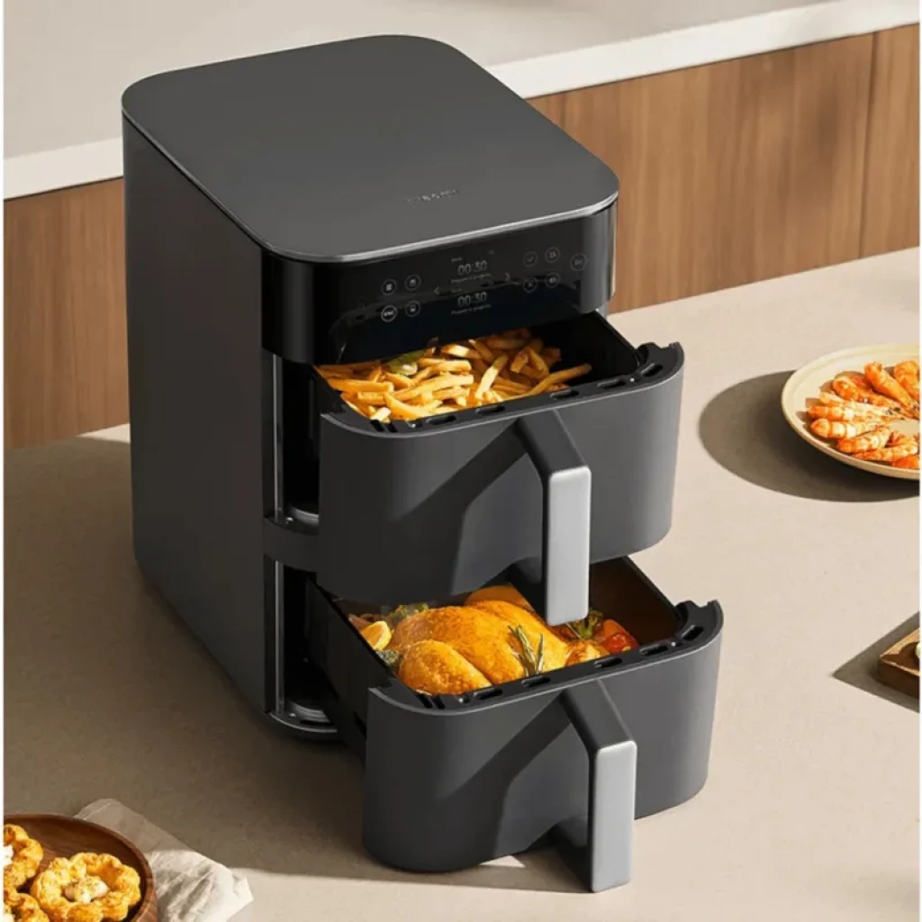 Xiaomi Smart Double Stack Air Fryer 12L com dois cestos deslizantes independentes, painel touch superior, acabamentos em preto fosco e design compacto