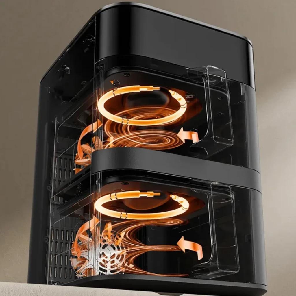 Xiaomi Smart Double Stack Air Fryer 12L com dois cestos empilhados, janelas transparentes e resistências circulares visíveis para cozimento uniforme