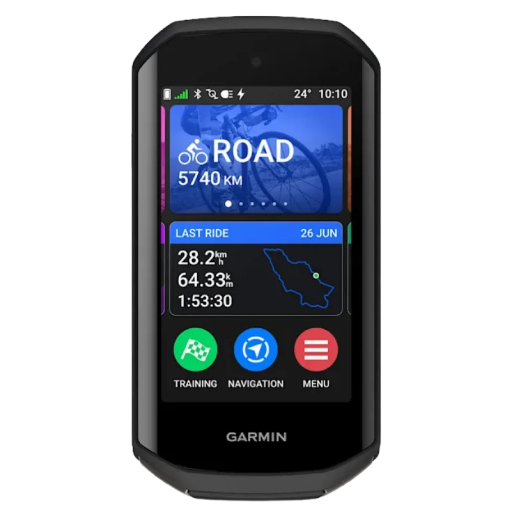 Garmin Edge 1050 ciclocomputador com ecrã tátil a cores, ícones de treino, navegação e menu, dados de percurso, mapa