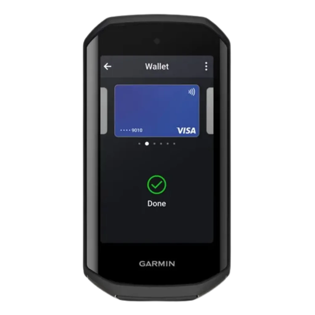 Garmin Edge 1050 ciclocomputador con pantalla táctil a color mostrando Wallet y pago Visa, cuerpo negro compacto y bordes redondeados