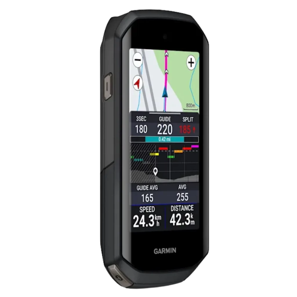 Vista a 45 grados del Garmin Edge 1050 ciclocomputador con pantalla táctil a color, mapas en vivo y métricas de velocidad, distancia y rendimiento en tiempo