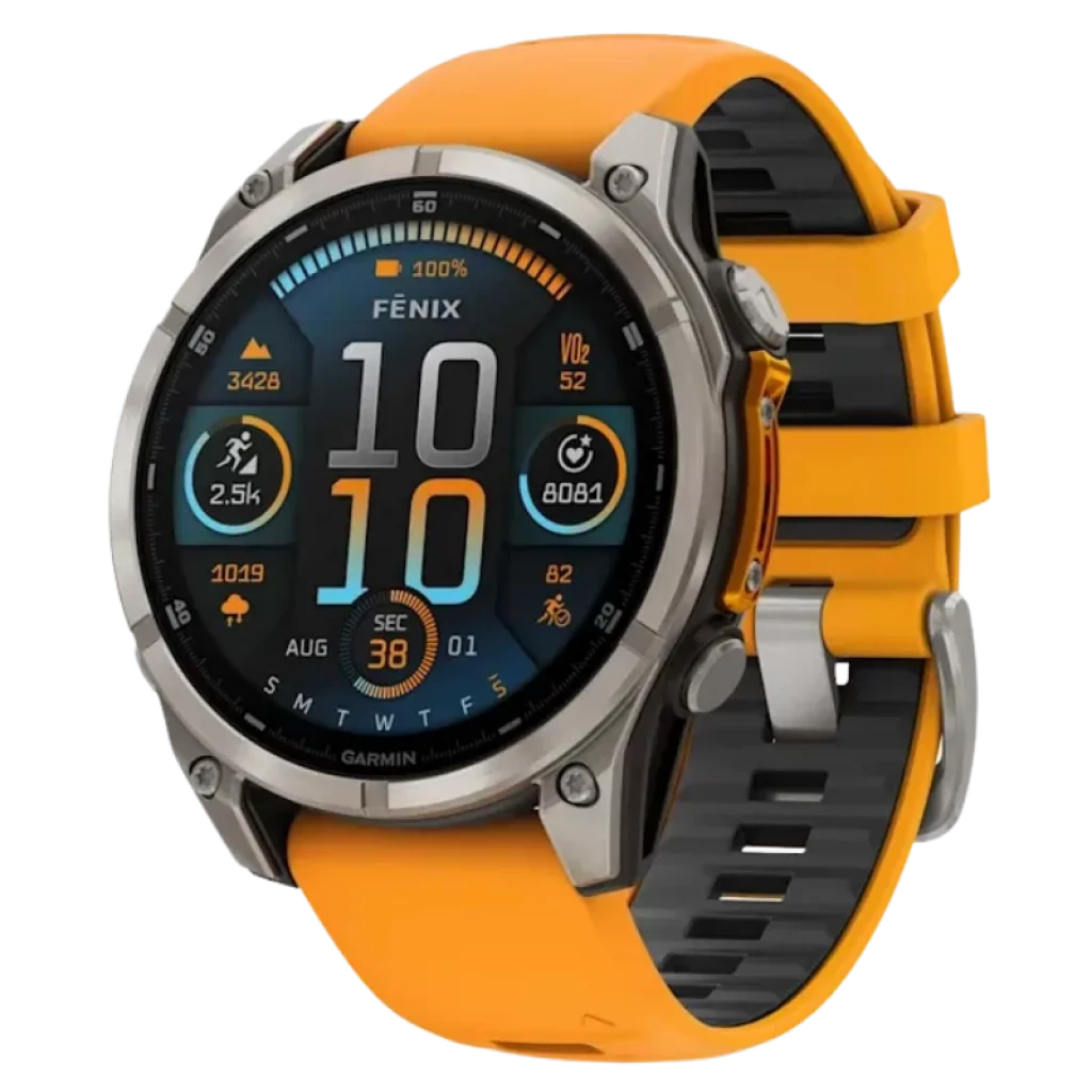 Garmin Fenix 8 AMOLED 47 mm, moldura em titânio e safira, ecrã a cores com métricas desportivas, botões metálicos e bracelete em silicone laranja