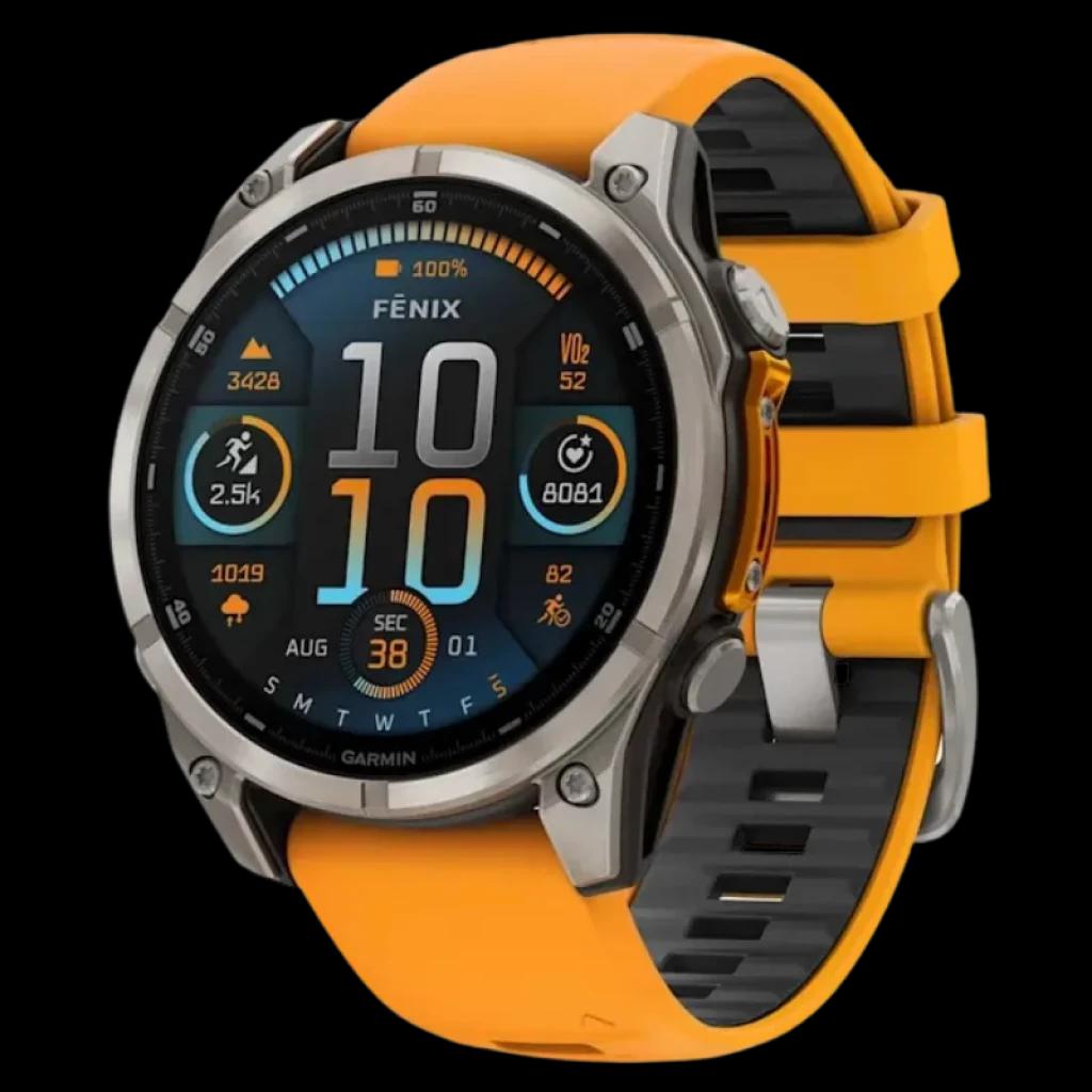 Garmin Fenix 8 AMOLED 47 mm, moldura em titânio e safira, ecrã a cores com métricas desportivas, botões metálicos e bracelete em silicone laranja