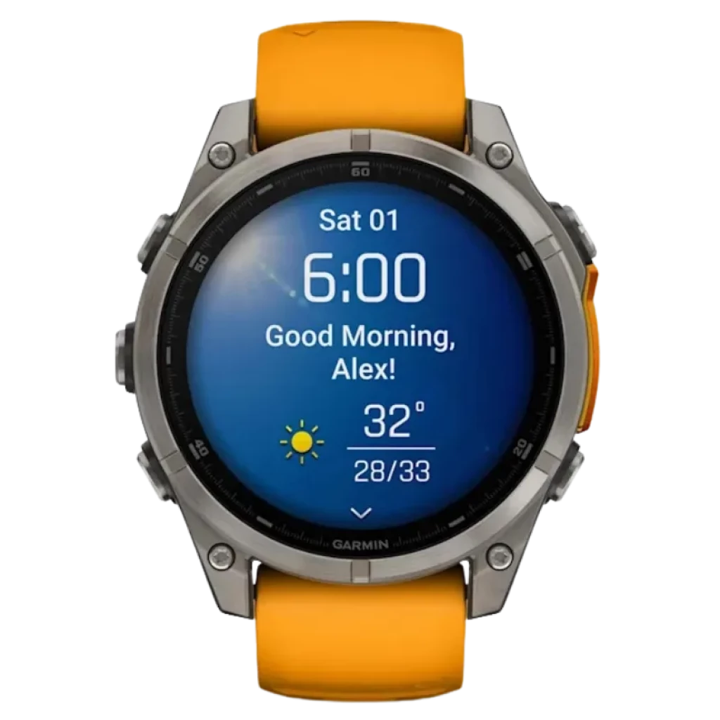 Garmin Fenix 8 AMOLED 47 mm Sapphire de titânio com bracelete de silicone laranja, moldura robusta, ecrã brilhante com widgets de clima e saúde