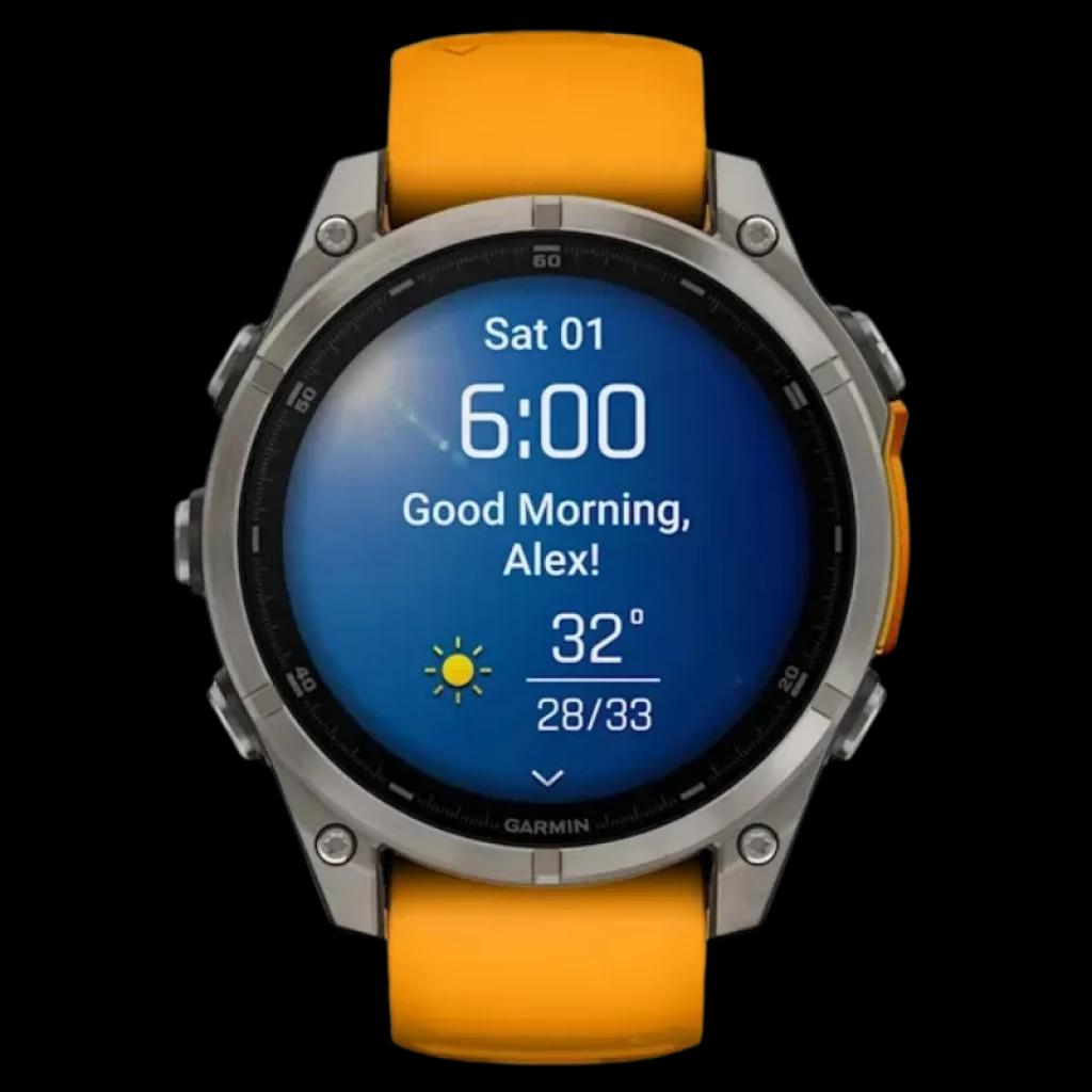 Garmin Fenix 8 AMOLED 47 mm Sapphire de titânio com bracelete de silicone laranja, moldura robusta, ecrã brilhante com widgets de clima e saúde