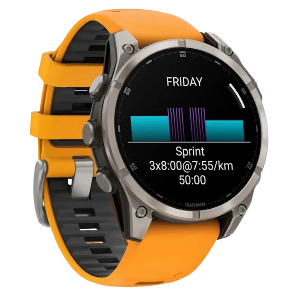 Garmin Fenix 8 AMOLED 47 mm, moldura em titânio e safira, ecrã preto com métricas de treino, bracelete em silicone laranja