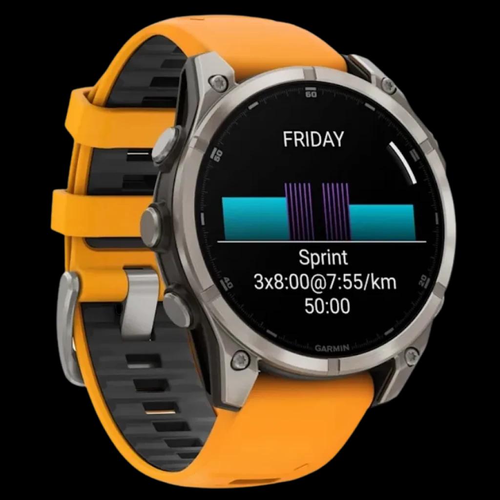 Garmin Fenix 8 AMOLED 47 mm, moldura em titânio e safira, ecrã preto com métricas de treino, bracelete em silicone laranja