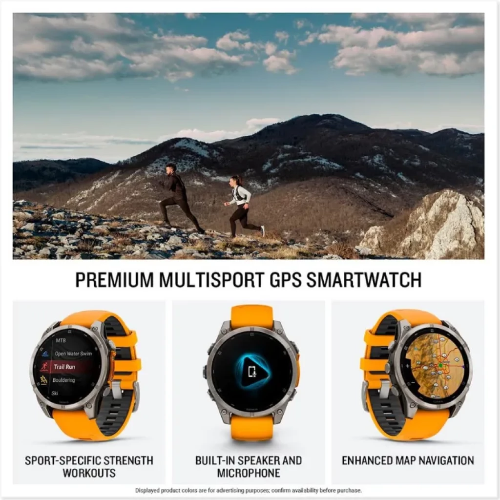 Principais funcionalidades, incluindo GPS, altifalante integrado e design robusto do Garmin Fenix 8 na cor laranja
