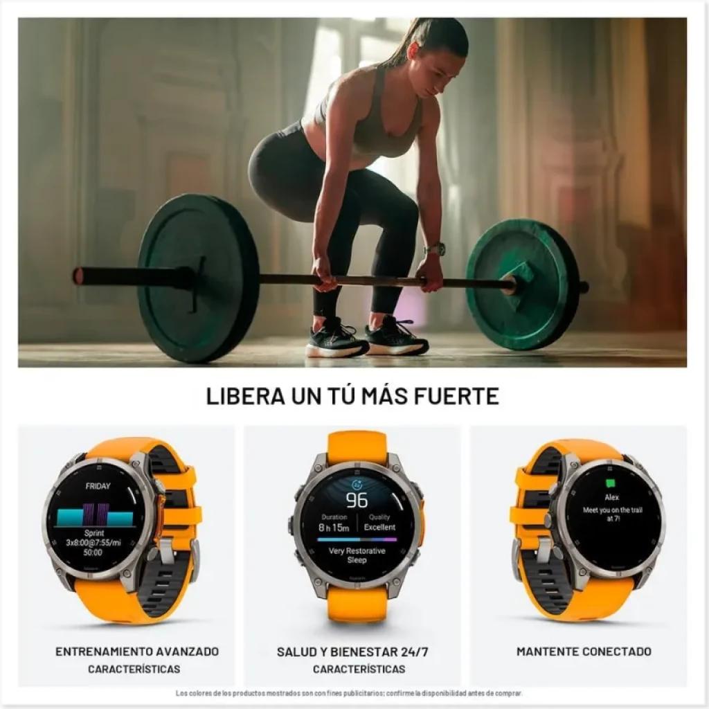 Imagem promocional do Garmin Fenix 8 na cor laranja com funções de monitoramento de saúde, treino e conectividade