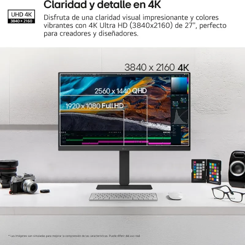 Monitor LG 27U730A-B de 27 pulgadas con resolución 4K 3840x2160, panel IPS, biseles delgados y soporte ajustable, ideal para diseño y edición
