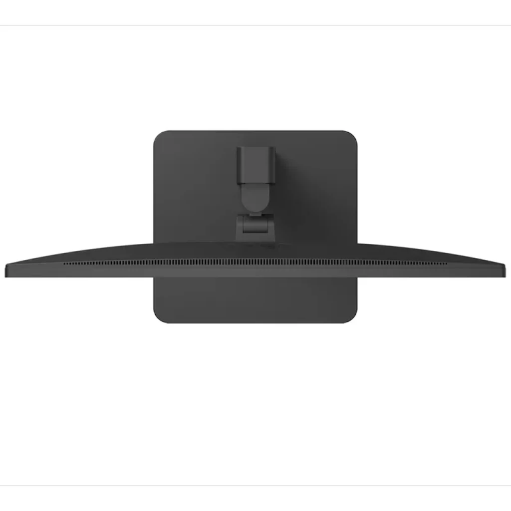 Vue arrière du moniteur noir avec courbure légère, grille de ventilation fine et bras de support central réglable, format 27 pouces élégant et épuré