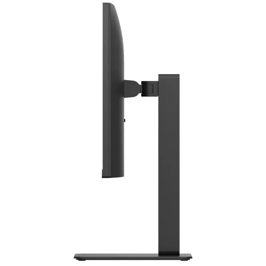 Profil latéral d’un moniteur noir 27 pouces avec pied robuste et support réglable en hauteur, dalle fine 4K UHD HDR10 pour un setup épuré