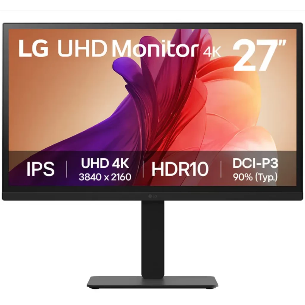 LG 27BA45U-B 27 pouces UHD 4K IPS noir avec HDR10, dalle bord à bord, couleurs DCI-P3 90 pour images nettes et support réglable élégant