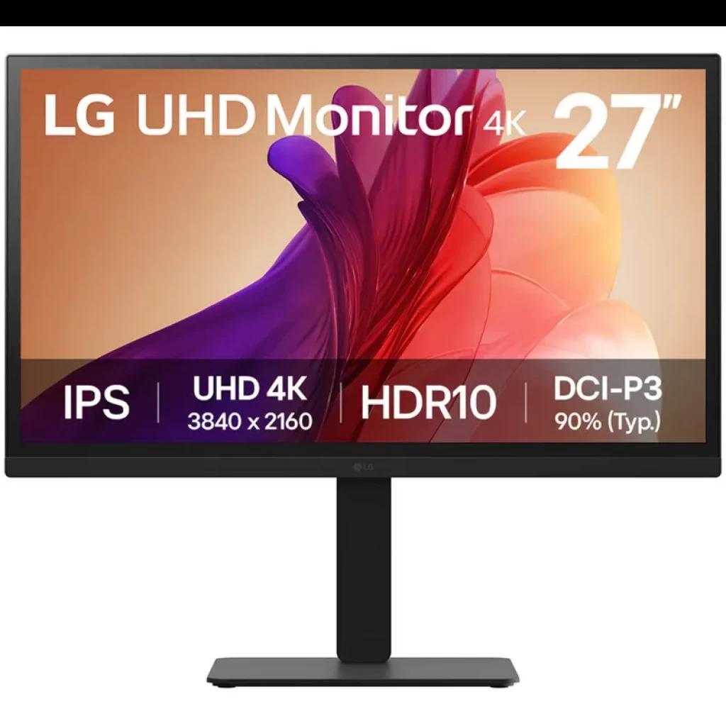 LG 27BA45U-B 27 pouces UHD 4K IPS noir avec HDR10, dalle bord à bord, couleurs DCI-P3 90 pour images nettes et support réglable élégant
