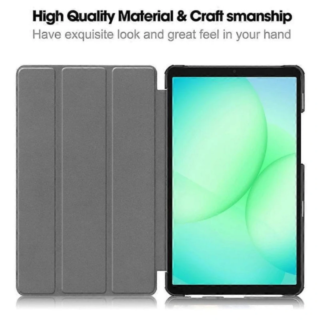 Funda Samsung Galaxy Tab A11 8.7 compatible, color negro, tipo tríptico con tapa plegable y soporte, interior suave gris, bordes rígidos para protección