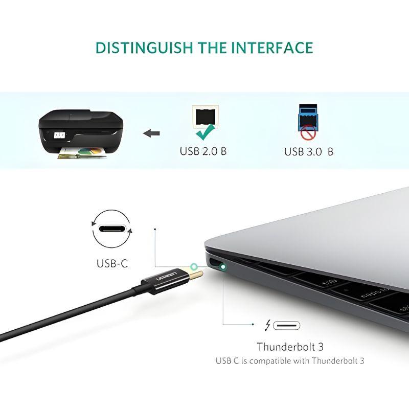 Ugreen cable USB-C a USB-B 2m, negro. Conector USB-C a laptop y USB-B para impresoras y escáneres. Compatible con USB 2.0 y 3.0, etiqueta Thunderbolt 3.