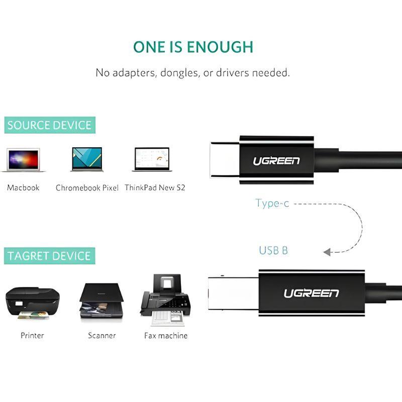Cable Ugreen de 2 m con conector USB-C a USB-B, color negro, puntas metálicas y carcasa UGREEN. Compatible con impresoras, escáneres y fax.