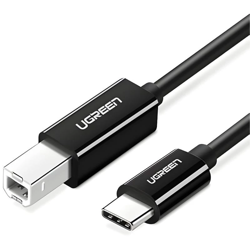 Ugreen cable USB-C a USB-B 2m, negro, conectores USB-C y USB-B tipo cuadrado, carcasa robusta, acabado brillante, ideal para impresoras y audio profesional