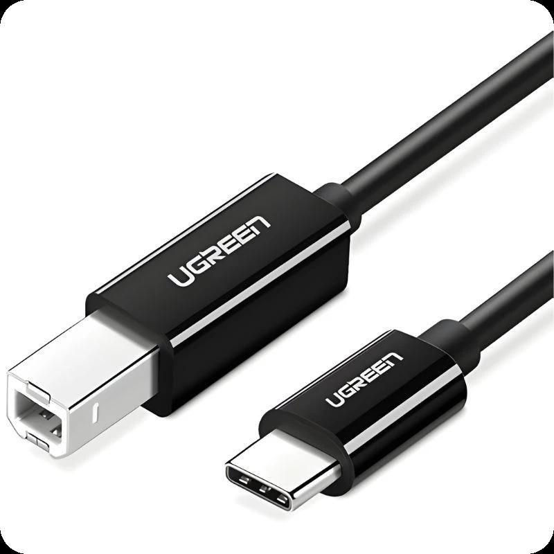 Ugreen cable USB-C a USB-B 2m, negro, conectores USB-C y USB-B tipo cuadrado, carcasa robusta, acabado brillante, ideal para impresoras y audio profesional