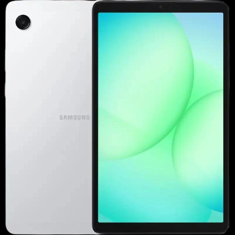 Tablet Samsung Galaxy Tab A11 8,7" prata, tela com bordas finas, câmera traseira única e frontal centralizada; design fino e acabamento metálico.