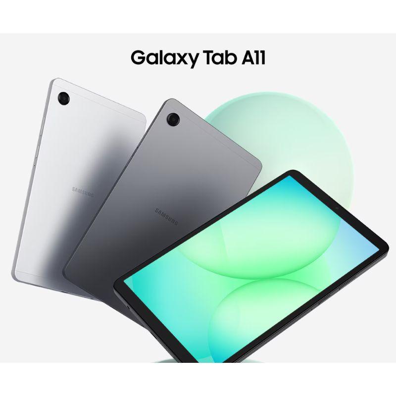 Samsung Galaxy Tab A11 8,7" prata com tela ampla, bordas finas, câmera traseira única e acabamento metálico elegante; versões em cinza e prata.