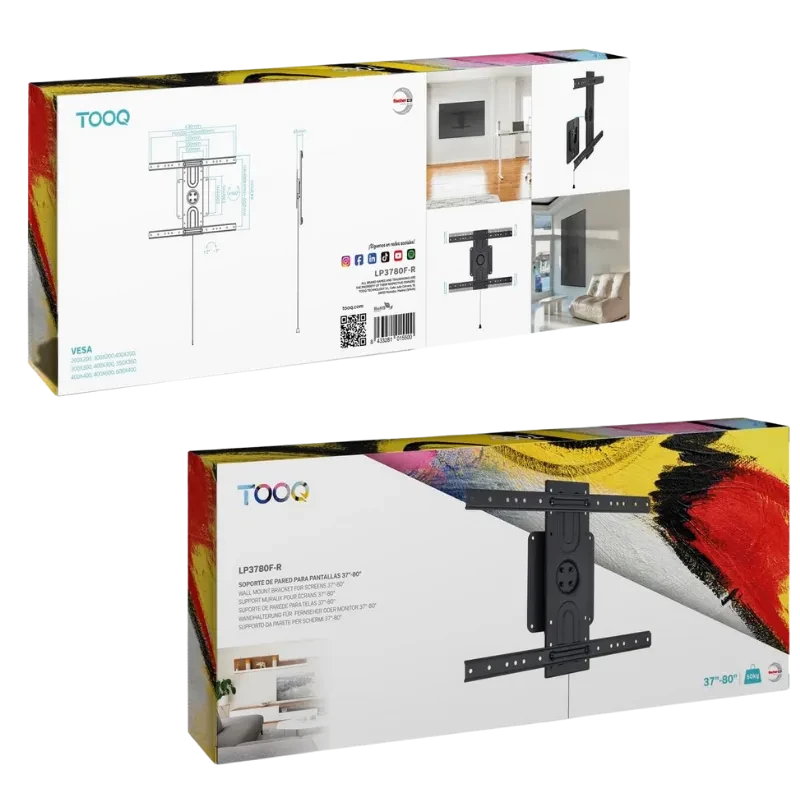 Soporte de pared TooQ LP3780F para TVs 37 a 80, compatible VESA 600x400, estructura metálica negra, brazo ajustable e inclinable, montaje seguro