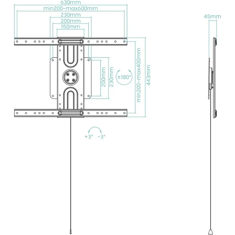 Soporte de pared TooQ LP3780F para TV 37-80, ultrafino 45 mm, VESA 600x400, ajuste vertical ±3 y giro ±180, estructura metálica con guías y tirador