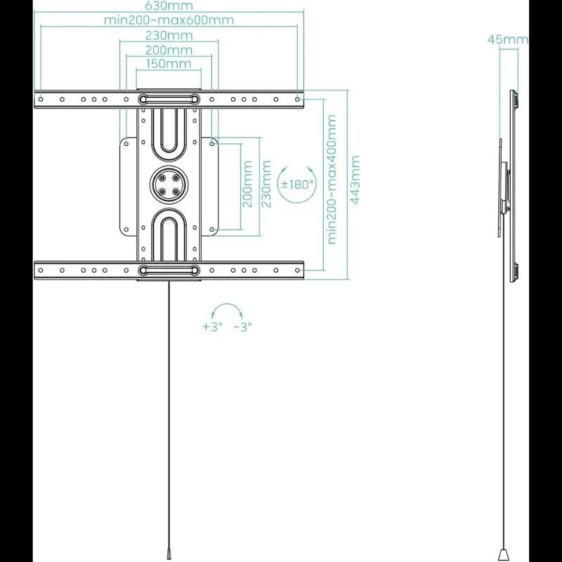 Soporte de pared TooQ LP3780F para TV 37-80, ultrafino 45 mm, VESA 600x400, ajuste vertical ±3 y giro ±180, estructura metálica con guías y tirador