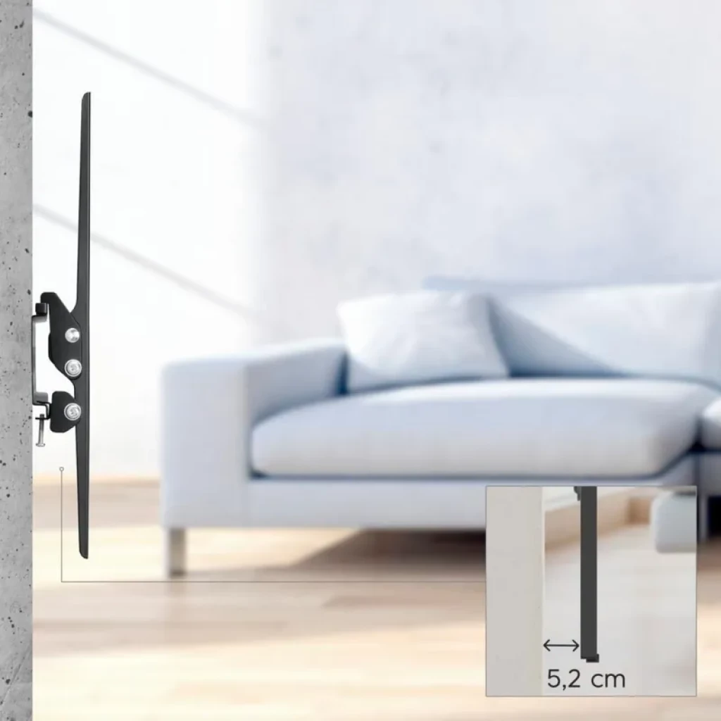 Hama 00220812 soporte TV 75 pulgadas negro, ultraplano 5,2 cm, perfil delgado metálico, montaje mural seguro con bloqueo y ajuste vertical minimalista